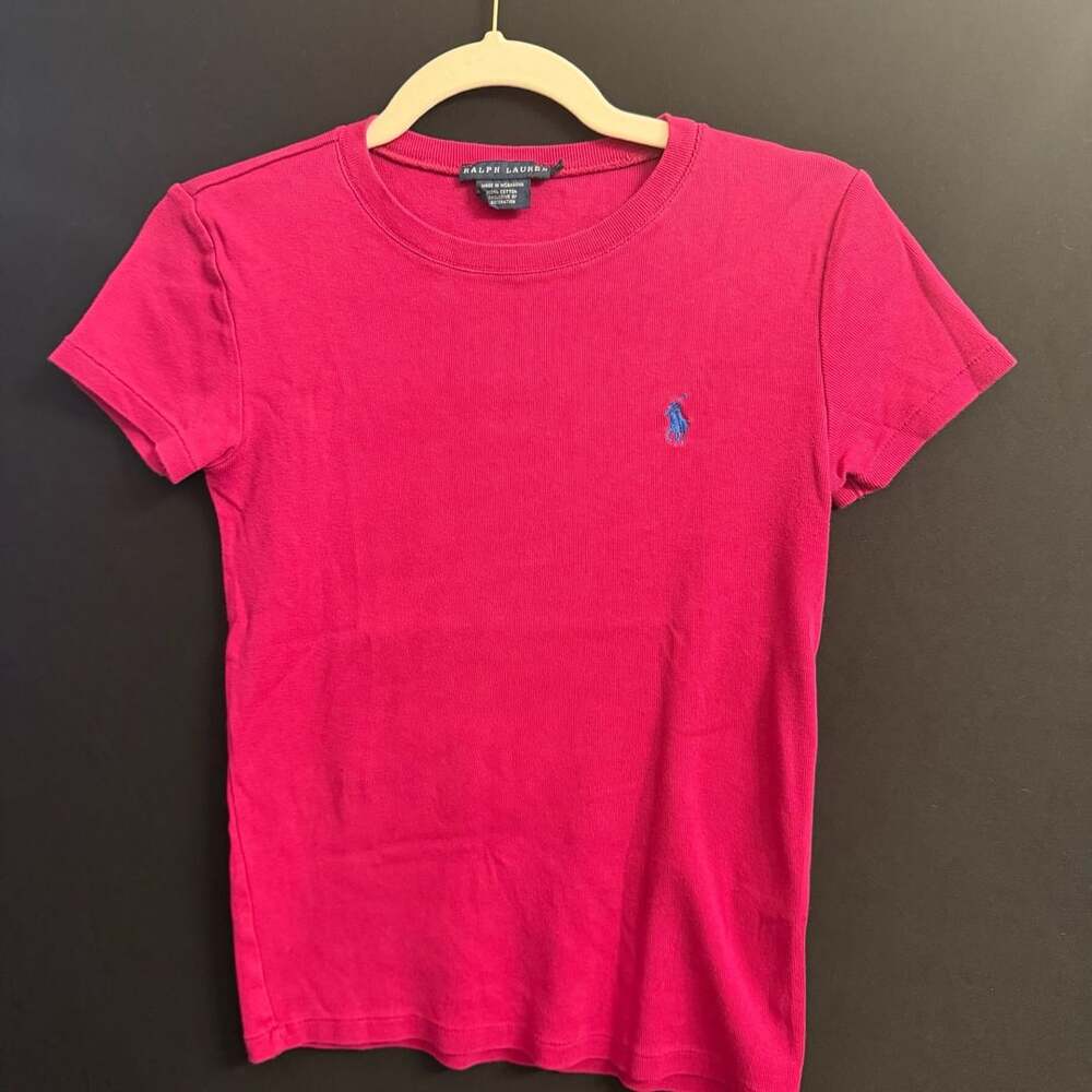 Ralph Lauren Pink Ribbed Short Sleeve T-Shirt with Blue Pony Logo